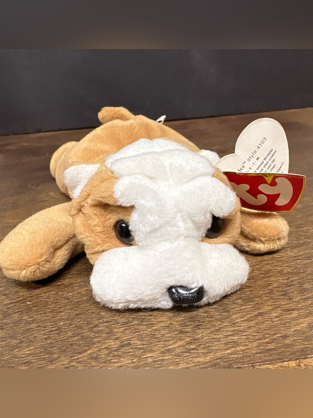 1996 Wrinkles Ty Plush Dog Toy - Brown and White Cuddly Puppy